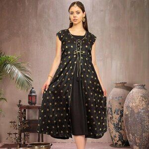 Elegant Black and Gold Silk Knee-Length Dress | Muvvas Boutique